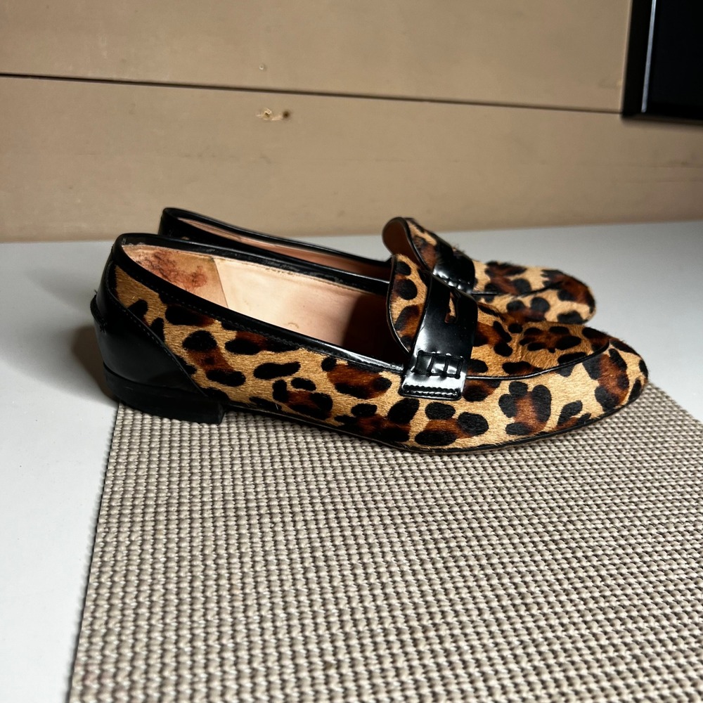 J.Crew Academy Loafers Leopard Calf Hair Penny Shoes J8502 Womens 9.5 Brown
